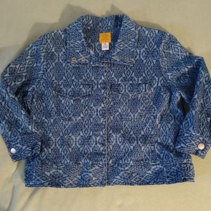 Ruby Rd. Woman's Printed snap 3/4 Sleeve Jacket 14P Blue Geometric Pattern